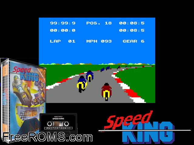 Speed King (UK) (1986) [h1] Amstrad CPC game showing 3D box cover and gameplay screenshot